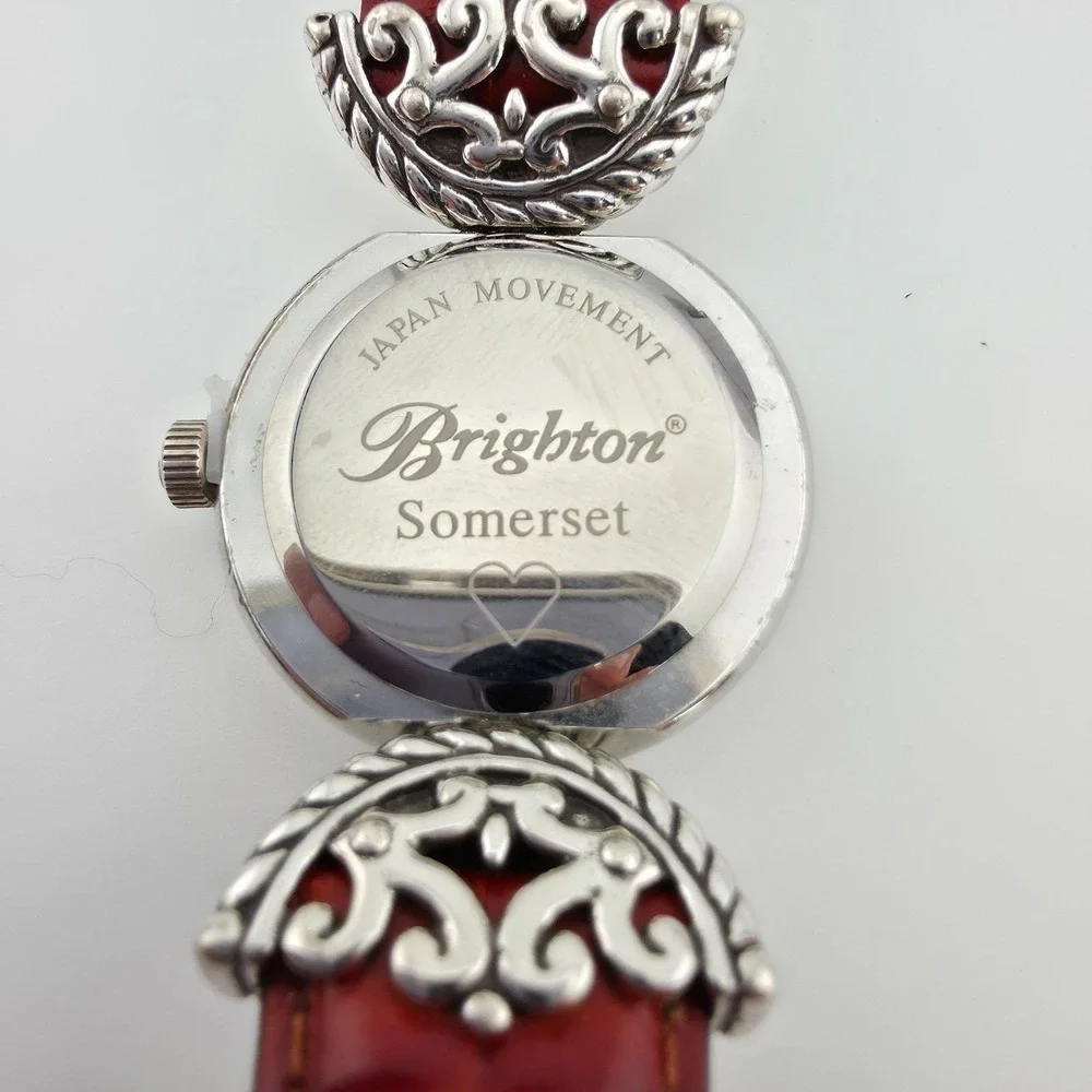 BRIGHTON 'Somerset' Watch Reversible Leather Black Brown Band Silver Plate 6.75